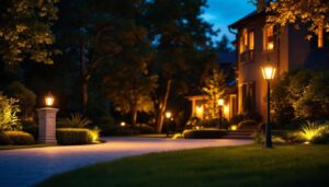 A photograph of a beautifully illuminated driveway featuring elegant lighting posts at dusk