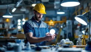A photograph of a lighting contractor examining a large base light bulb in a well-lit workspace