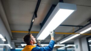 A photograph of a well-lit ceiling fluorescent light fixture installed in a modern commercial space