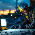 A photograph of a lighting contractor using a bright