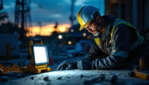 A photograph of a lighting contractor using a bright