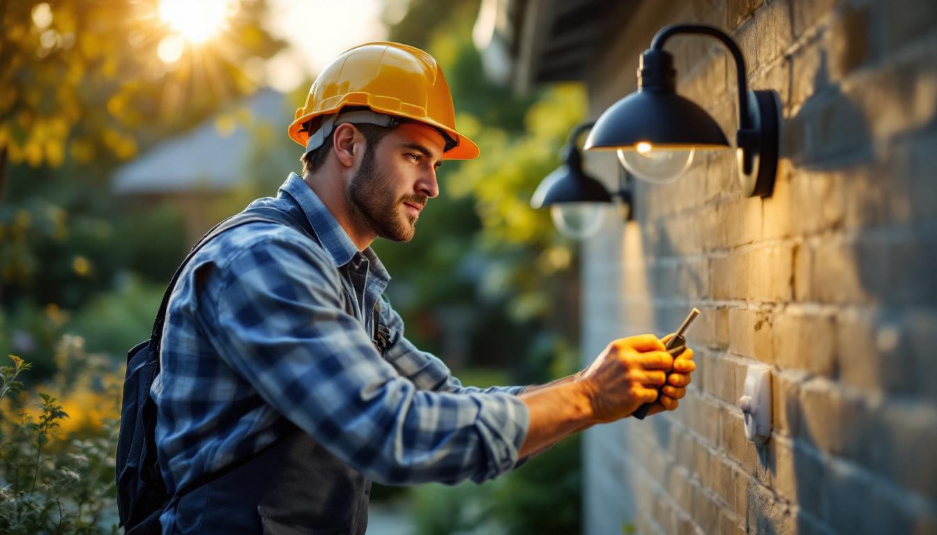 A photograph of a skilled lighting contractor working outdoors