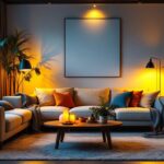 A photograph of a cozy living room setting illuminated by warm