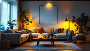A photograph of a cozy living room setting illuminated by warm