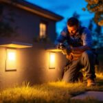 A photograph of a skilled lighting contractor installing outdoor led recessed lights in a beautifully landscaped outdoor space during twilight