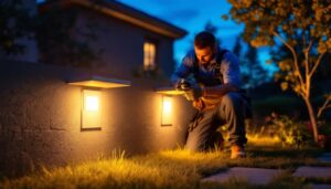 A photograph of a skilled lighting contractor installing outdoor led recessed lights in a beautifully landscaped outdoor space during twilight