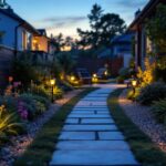 A photograph of a well-lit outdoor residential space showcasing solar-powered lights illuminating pathways and garden features