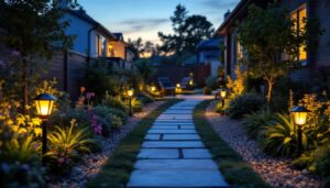 A photograph of a well-lit outdoor residential space showcasing solar-powered lights illuminating pathways and garden features
