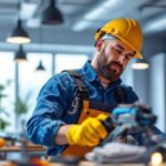 A photograph of a skilled lighting contractor in action