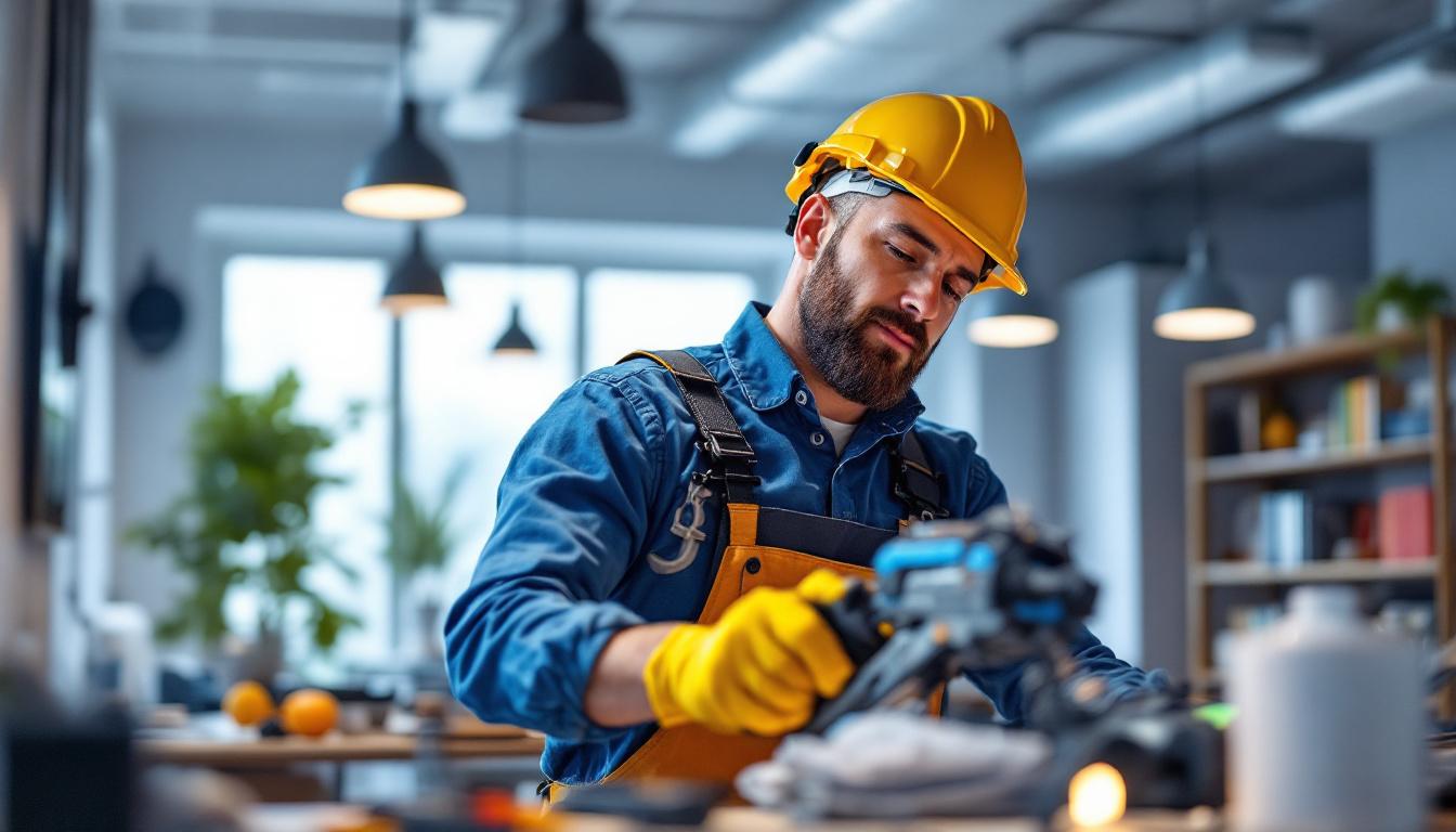 A photograph of a skilled lighting contractor in action