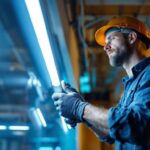 A photograph of a lighting contractor installing t8 led lights in a commercial space