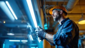 A photograph of a lighting contractor installing t8 led lights in a commercial space