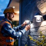 A photograph of a lighting contractor installing or adjusting stylish external house lights in a residential setting during twilight