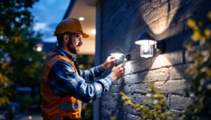 A photograph of a lighting contractor installing or adjusting stylish external house lights in a residential setting during twilight