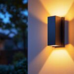 A photograph of a beautifully designed up down outdoor wall sconce installed on an exterior wall
