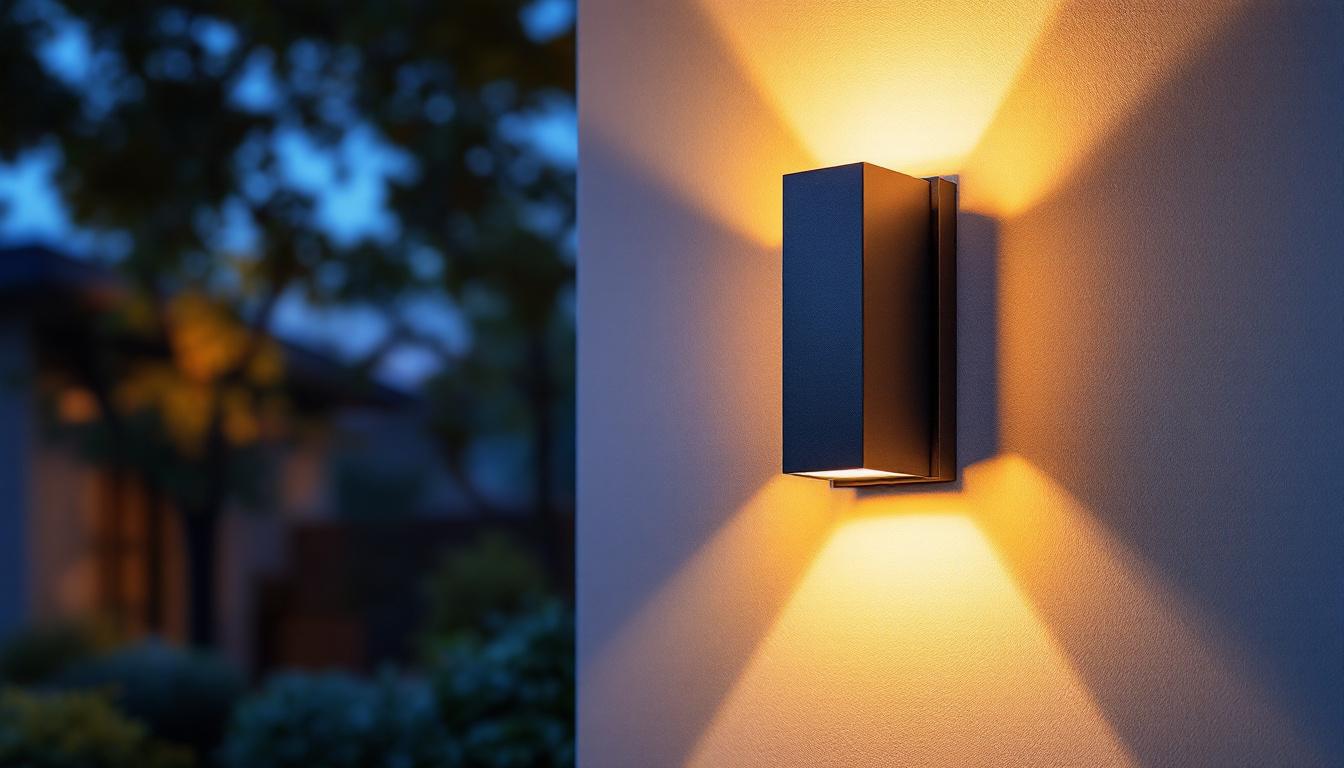 A photograph of a beautifully designed up down outdoor wall sconce installed on an exterior wall