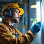 A photograph of a skilled technician installing energy-efficient lighting in a modern commercial space