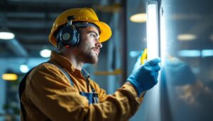 A photograph of a skilled technician installing energy-efficient lighting in a modern commercial space
