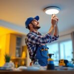 A photograph of a lighting contractor skillfully installing retrofit led recessed lights in a modern home setting
