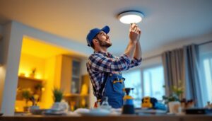 A photograph of a lighting contractor skillfully installing retrofit led recessed lights in a modern home setting