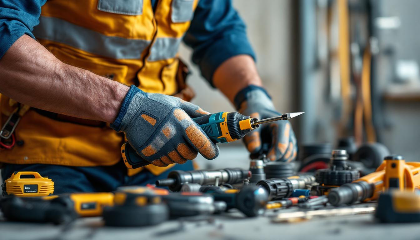 A photograph of a lighting contractor using a variety of electrical tools on a job site