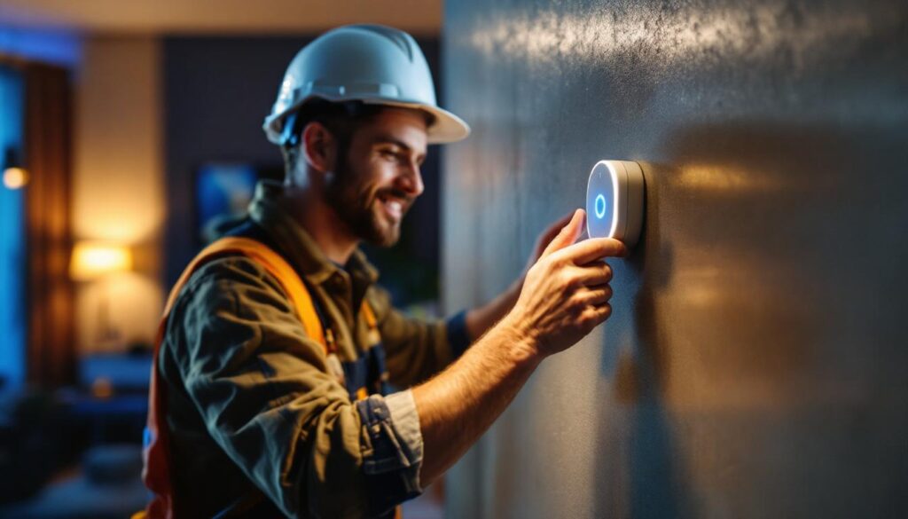 A photograph of a skilled contractor installing an ultrasonic motion sensor in a modern home environment