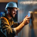 A photograph of a skilled contractor installing an ultrasonic motion sensor in a modern home environment