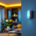 A photograph of a skilled contractor installing a low voltage motion sensor in a modern home setting