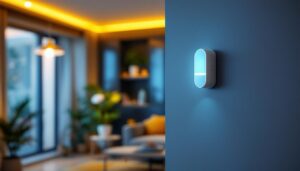 A photograph of a skilled contractor installing a low voltage motion sensor in a modern home setting