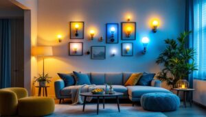 A photograph of a stylishly arranged living space showcasing a variety of 24 led bulbs in different fixtures