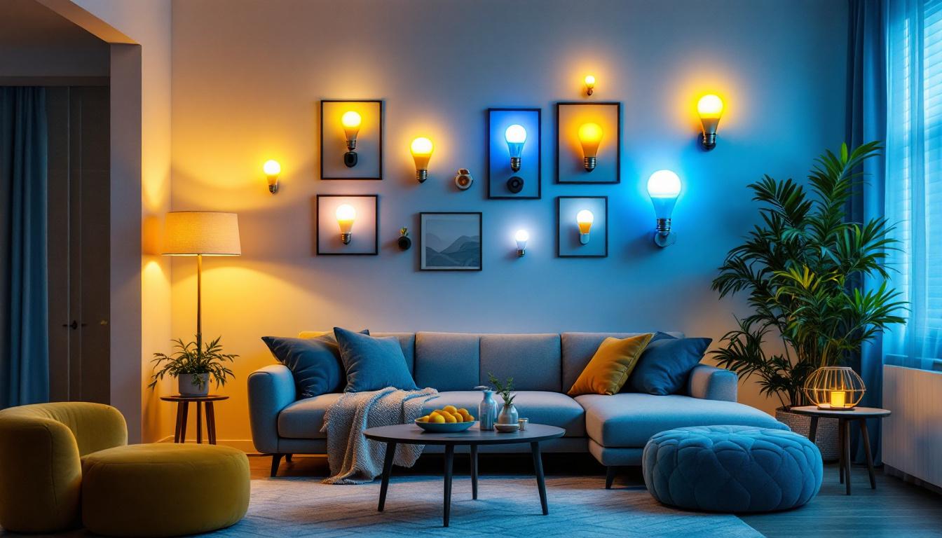 A photograph of a stylishly arranged living space showcasing a variety of 24 led bulbs in different fixtures