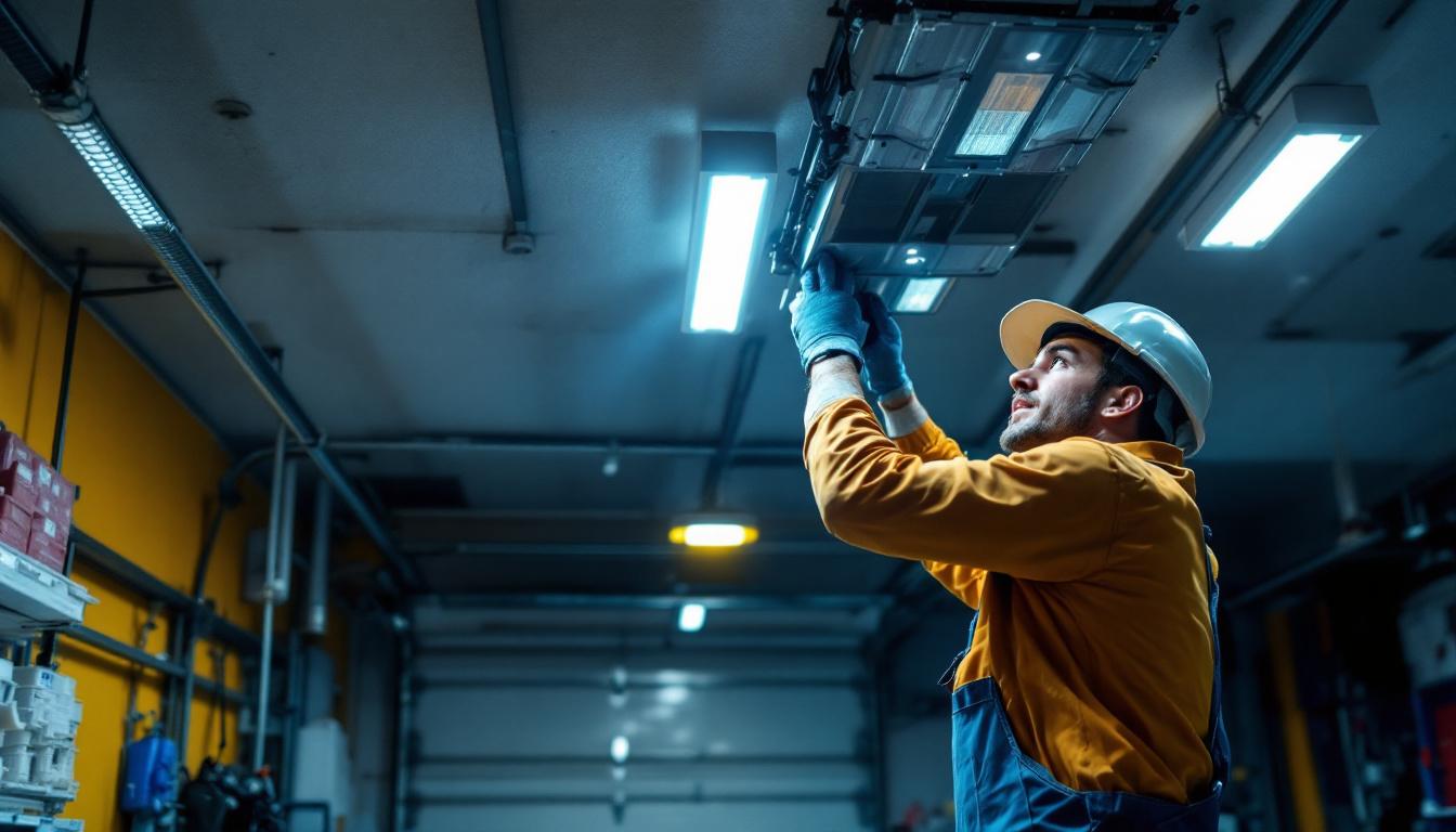 A photograph of a well-lit garage ceiling showcasing modern led lights in action