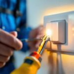 A photograph of a close-up of a push button lamp switch being installed by a lighting contractor