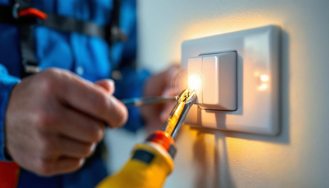 A photograph of a close-up of a push button lamp switch being installed by a lighting contractor
