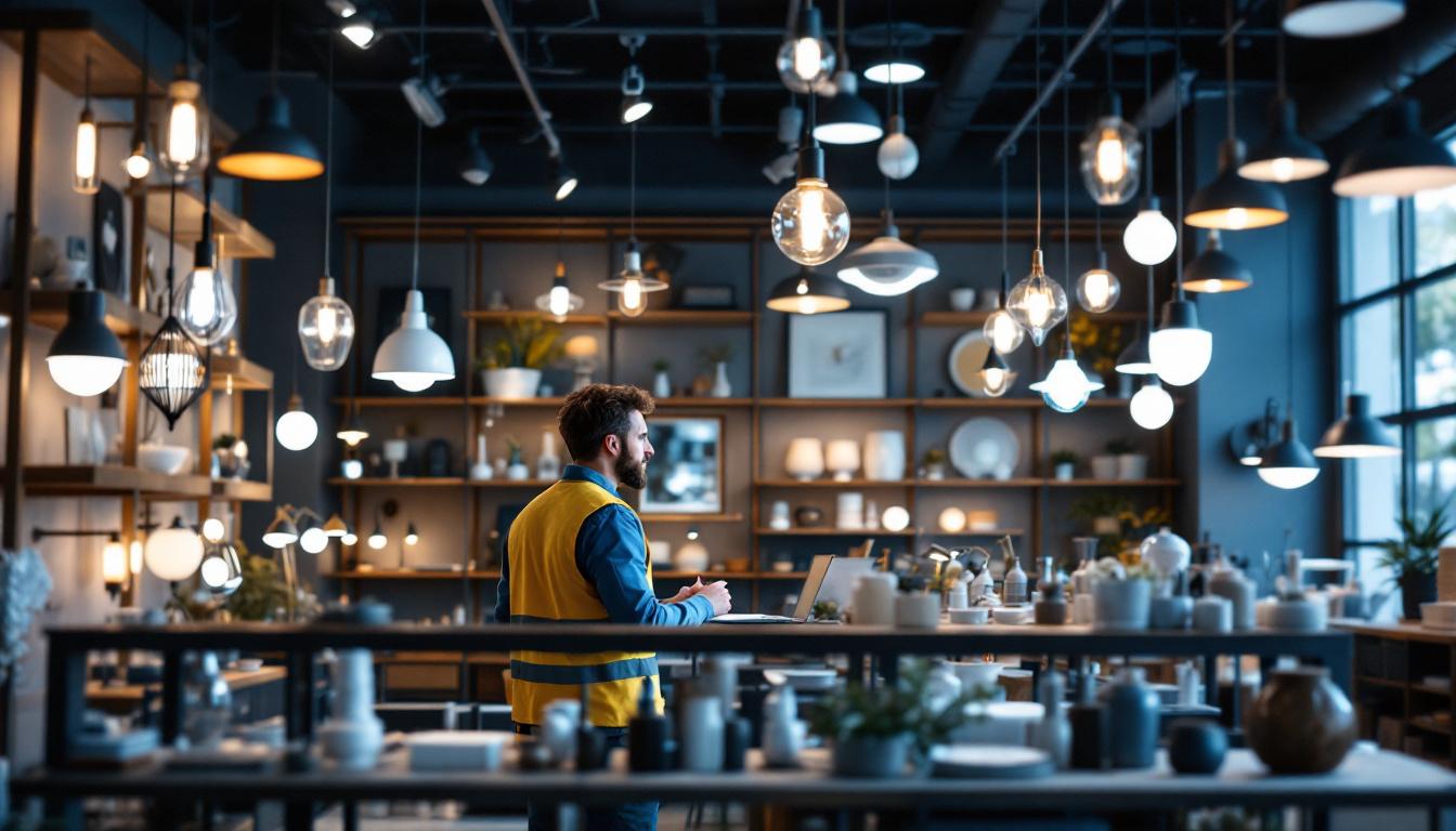 A photograph of a well-organized lighting showroom featuring a diverse selection of stylish light fixtures