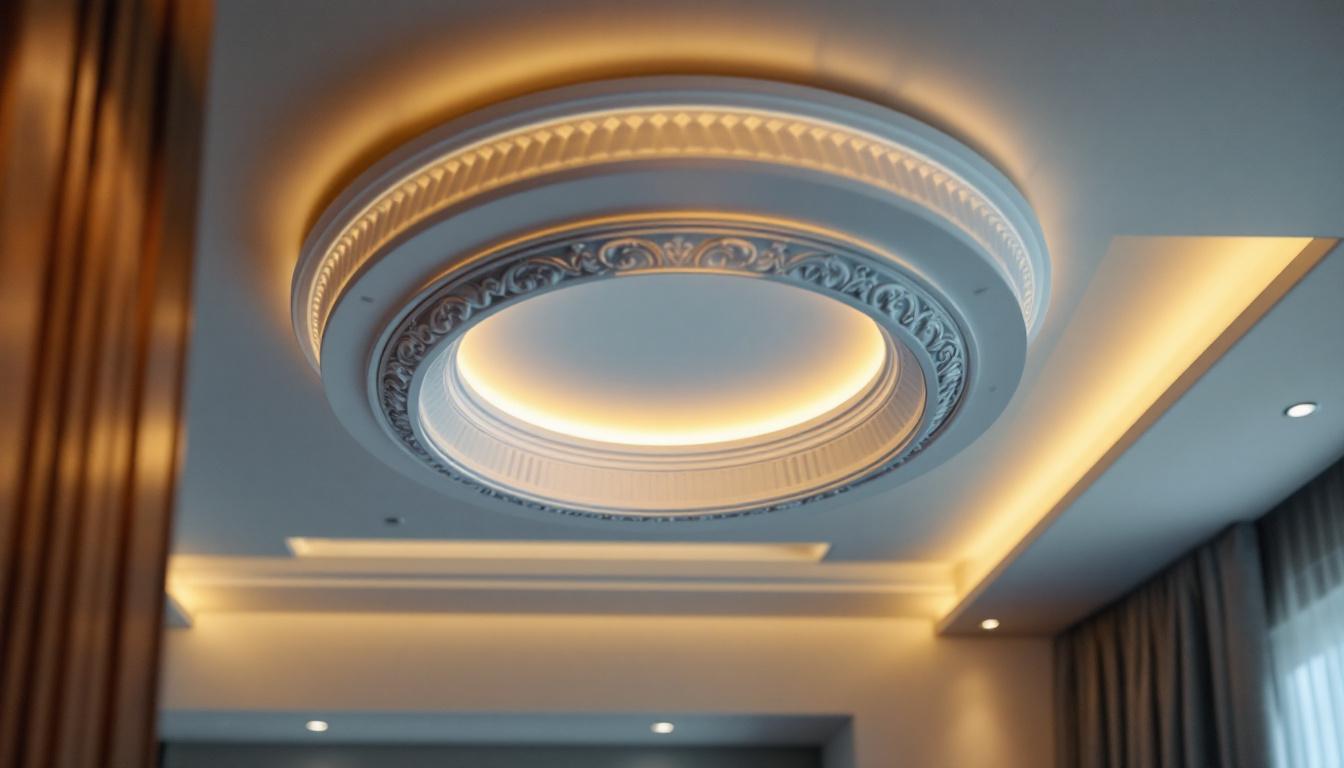 A photograph of a beautifully designed decorative recessed lighting trim installed in a modern interior space