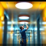 A photograph of a well-lit hallway featuring stylish ceiling lights