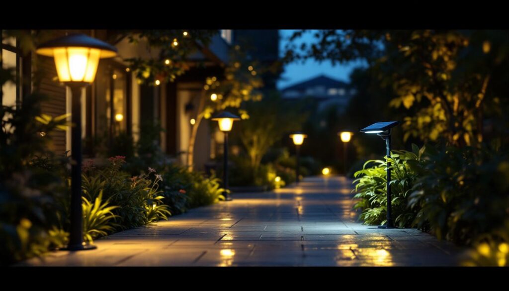 A photograph of a beautifully illuminated outdoor space featuring various solar light fixtures in use