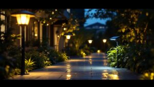 A photograph of a beautifully illuminated outdoor space featuring various solar light fixtures in use