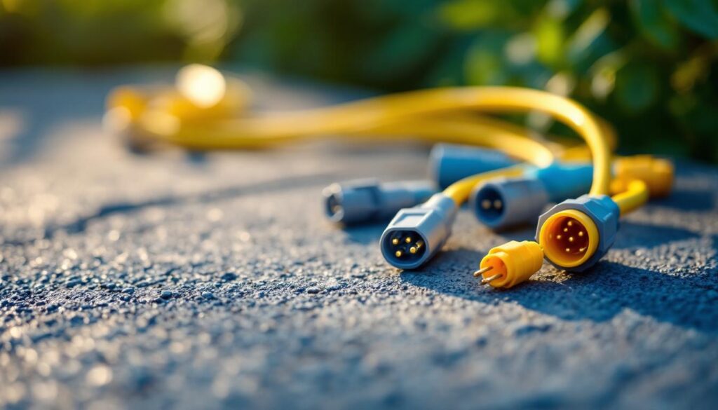 A photograph of a close-up shot of various landscape wiring connectors arranged aesthetically on a textured outdoor surface