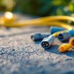 A photograph of a close-up shot of various landscape wiring connectors arranged aesthetically on a textured outdoor surface