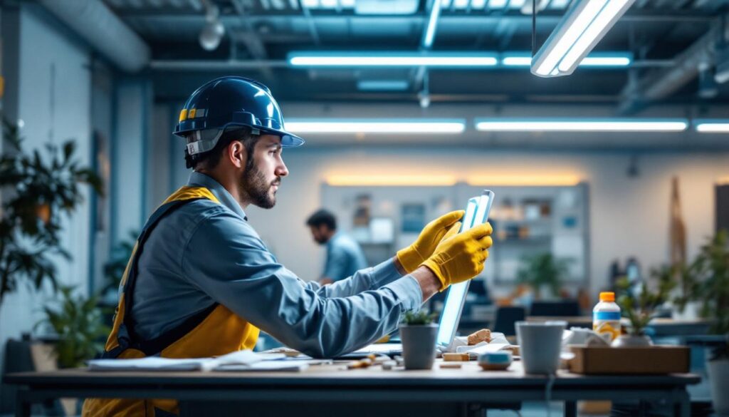 A photograph of a well-lit workspace featuring an 8ft fluorescent tube installation