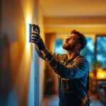 A photograph of a skilled lighting contractor at work