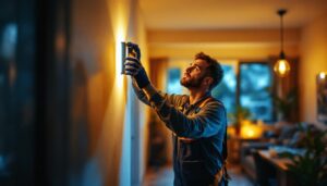 A photograph of a skilled lighting contractor at work