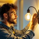 A photograph of a skilled lighting contractor expertly installing an elegant electrical fixture in a modern home setting
