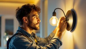 A photograph of a skilled lighting contractor expertly installing an elegant electrical fixture in a modern home setting