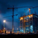 A photograph of a vibrant construction site at dusk