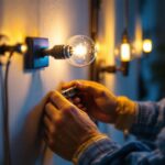 A photograph of a skilled lighting contractor working on a residential electrical outlet installation