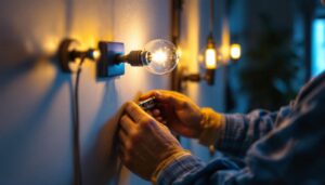 A photograph of a skilled lighting contractor working on a residential electrical outlet installation