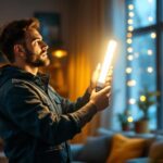 A photograph of a lighting contractor expertly installing a sleek